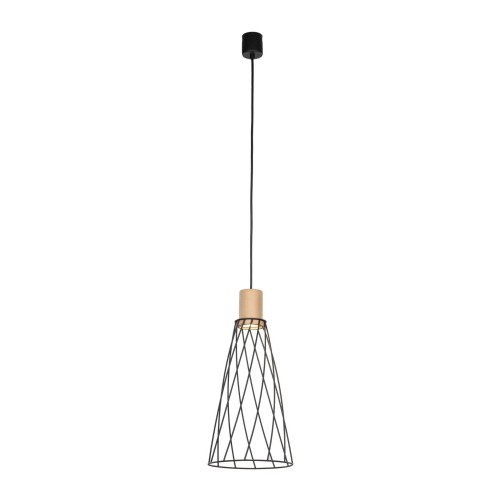 Lampa wisząca nowoczesna industrialna loft ażurowa klosz metalowy pręty stożek czarna drewno TK Lighting Modesto 10157 1x10W GU10