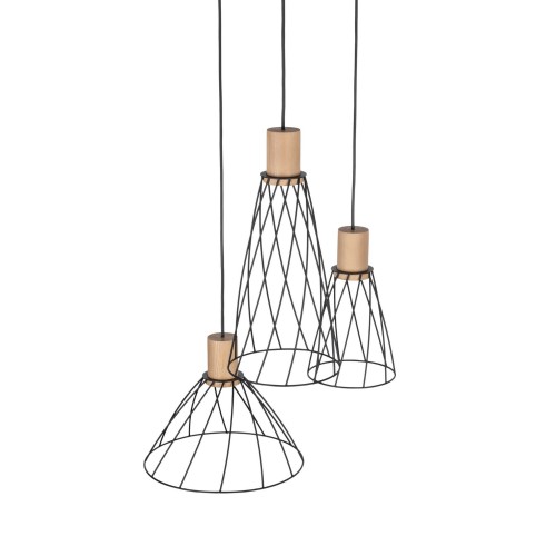 Lampa wisząca nowoczesna industrialna loft ażurowa klosz metalowy pręty stożek czarna drewno TK Lighting Modesto 10188 3x10W GU10