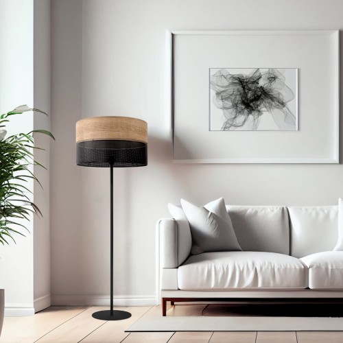 Lampa podłogowa nowoczesna boho skandynawska ażurowa klosz metalowy czarna dąb TK Lighting Nicol 5123 1x15W E27