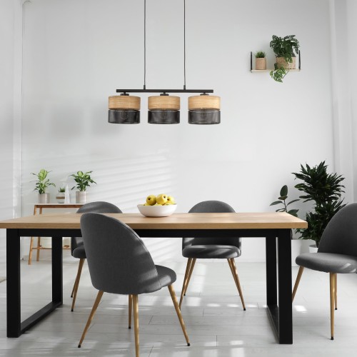 Lampa wisząca listwa belka nowoczesna boho skandynawska ażurowa klosz metalowy czarna dąb TK Lighting Nicol 4801 3x15W E27
