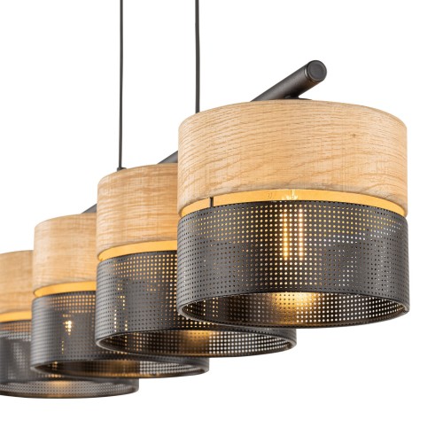 Lampa wisząca listwa belka nowoczesna boho skandynawska ażurowa klosz metalowy czarna dąb TK Lighting Nicol 4802 4x15W E27