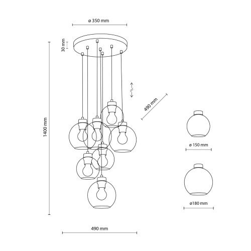 Lampa wisząca duża do salonu szklane klosze kule grafitowa czarna TK Lighting Cubus 10207 7x15W E27