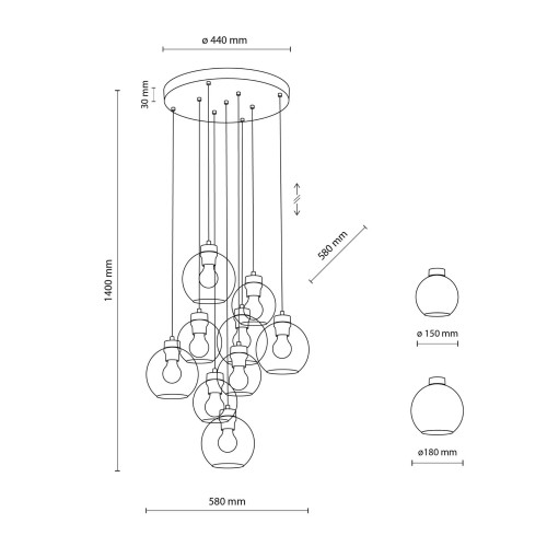 Lampa wisząca duża do salonu szklane klosze kule grafitowa czarna TK Lighting Cubus 10208 9x15W E27