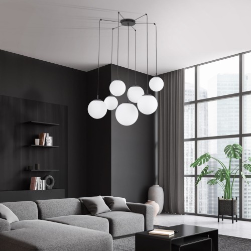 Lampa wisząca nowoczesna elegancka loft industrialna pająk klosz szklany kule biała czarna TK Lighting Esme 4794 7x15W E27