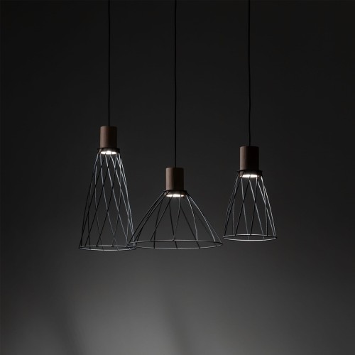 Lampa wisząca nowoczesna industrialna loft ażurowa klosz metalowy pręty stożek czarna drewno TK Lighting Modesto 10158 3x10W GU10