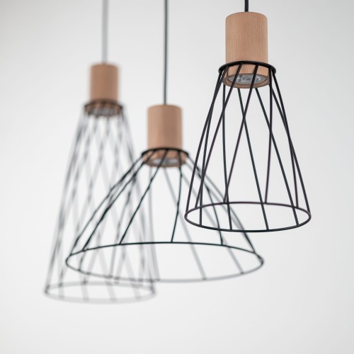 Lampa wisząca nowoczesna industrialna loft ażurowa klosz metalowy pręty stożek czarna drewno TK Lighting Modesto 10158 3x10W GU10
