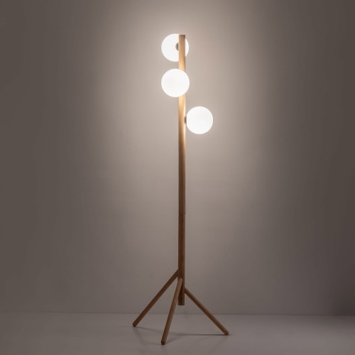 Lampa podłogowa nowoczesna elegancka drewniana loft industrialna klosz szklany kule drewniana biała TK Lighting Estera 5809 3x6W G9