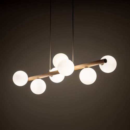 Lampa wisząca belka drewniana nowoczesna elegancka loft industrialna klosz szklany kule drewniana biała TK Lighting Estera 5905 7x6W G9