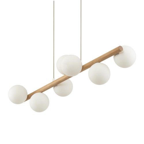 Lampa wisząca belka drewniana nowoczesna elegancka loft industrialna klosz szklany kule drewniana biała TK Lighting Estera 5905 7x6W G9