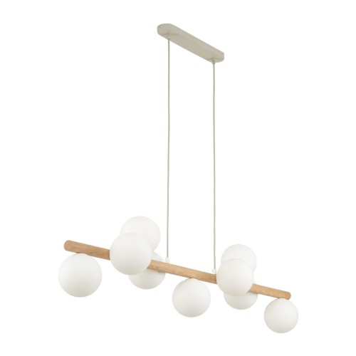 Lampa wisząca belka drewniana nowoczesna elegancka loft industrialna klosz szklany kule drewniana biała TK Lighting Estera 5905 7x6W G9