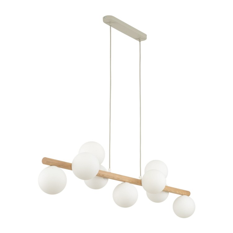 Lampa wisząca belka drewniana nowoczesna elegancka loft industrialna klosz szklany kule drewniana biała TK Lighting Estera 5905 7x6W G9