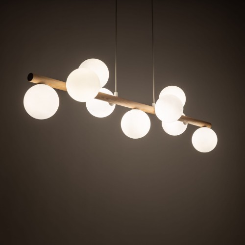 Lampa wisząca belka drewniana nowoczesna elegancka loft industrialna klosz szklany kule drewniana biała TK Lighting Estera 5906 9x6W G9