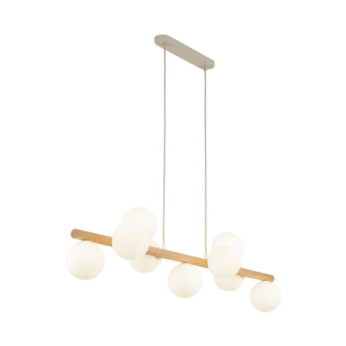 Lampa wisząca belka drewniana nowoczesna elegancka loft industrialna klosz szklany kule drewniana biała TK Lighting Estera 5906 9x6W G9