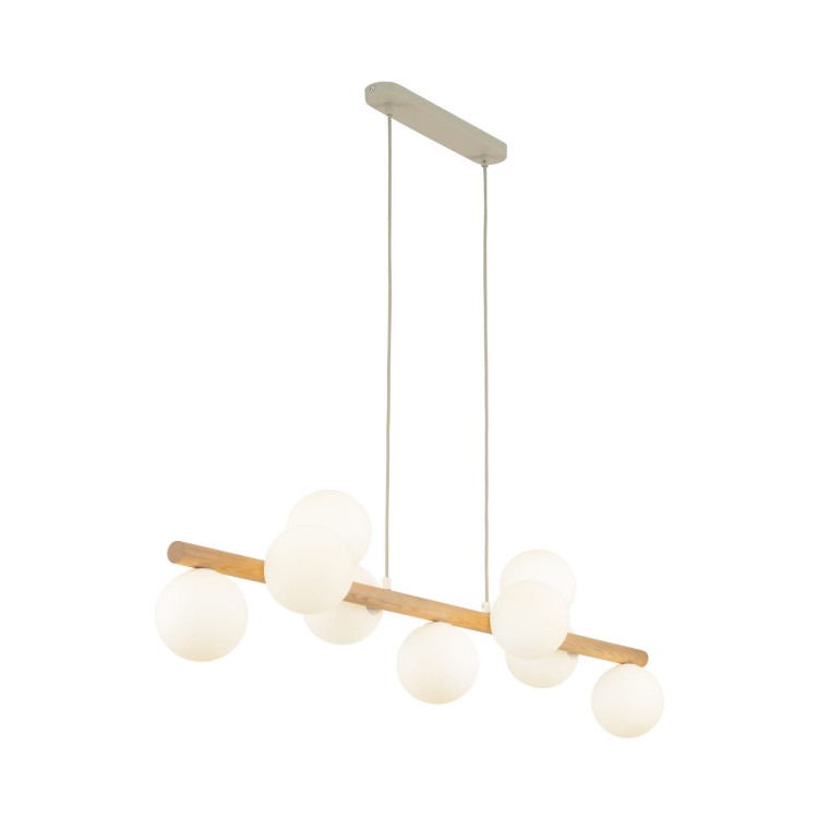 Lampa wisząca belka drewniana nowoczesna elegancka loft industrialna klosz szklany kule drewniana biała TK Lighting Estera 5906 9x6W G9