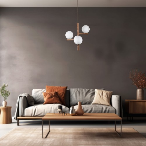 Lampa wisząca nowoczesna elegancka loft industrialna drewniana klosz szklany kule patyk rurka orzech biała TK Lighting Estera 10271 3x6W G9