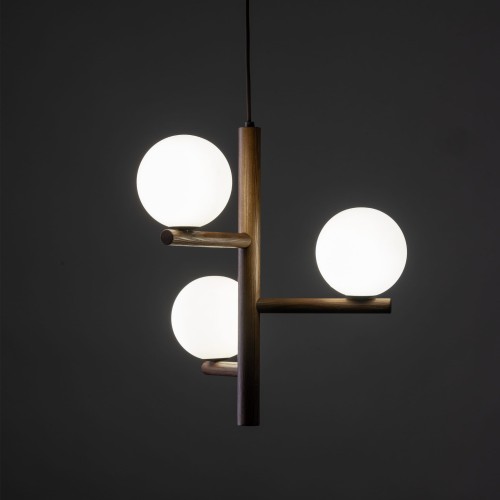 Lampa wisząca nowoczesna elegancka loft industrialna drewniana klosz szklany kule patyk rurka orzech biała TK Lighting Estera 10271 3x6W G9