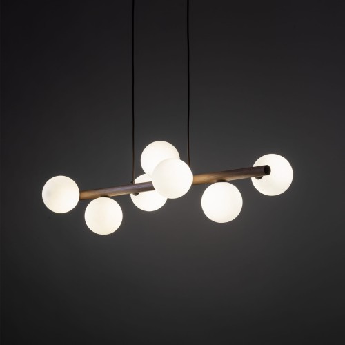 Lampa wisząca belka drewniana nowoczesna elegancka loft industrialna klosz szklany kule orzech biała TK Lighting Estera 10272 7x6W G9