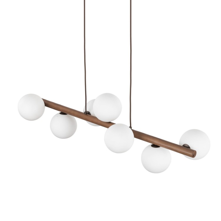Lampa wisząca belka drewniana nowoczesna elegancka loft industrialna klosz szklany kule orzech biała TK Lighting Estera 10272 7x6W G9