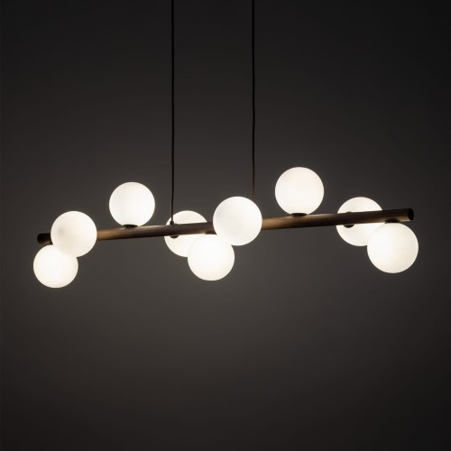 Lampa wisząca belka drewniana nowoczesna elegancka loft industrialna klosz szklany kule orzech biała TK Lighting Estera 10273 9x6W G9