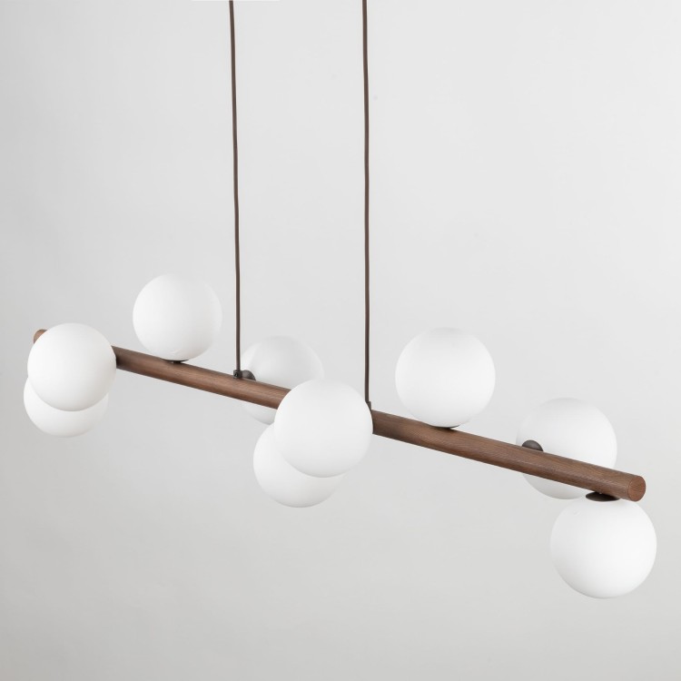 Lampa wisząca belka drewniana nowoczesna elegancka loft industrialna klosz szklany kule orzech biała TK Lighting Estera 10273 9x6W G9
