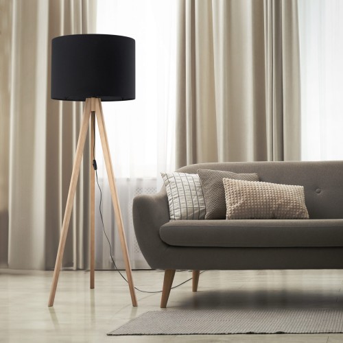 Lampa podłogowa nowoczesna skandynawska boho drewniana klosz materiałowy sosna czarna TK Lighting Grand 16008 1x15W E27