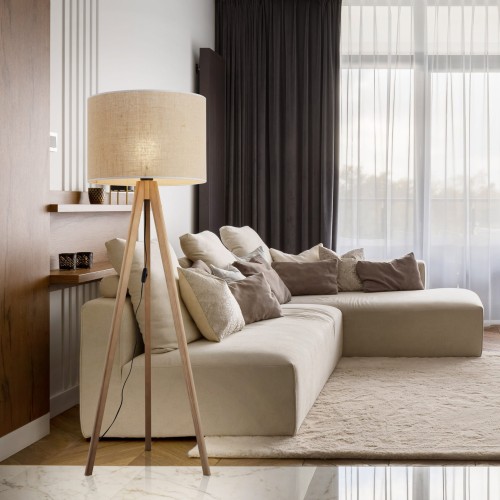Lampa podłogowa nowoczesna skandynawska boho drewniana klosz materiałowy sosna juta TK Lighting Grand 16020 1x15W E27