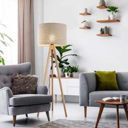 Lampa podłogowa nowoczesna skandynawska boho drewniana klosz materiałowy sosna lniana TK Lighting Grand 16021 1x15W E27