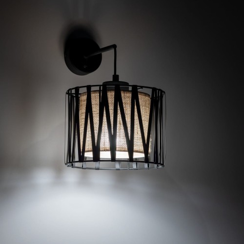 Kinkiet nowoczesny skandynawski boho pręty metalowe abażur materiałowy czarny juta TK Lighting Harmony 5950 1x15W E27