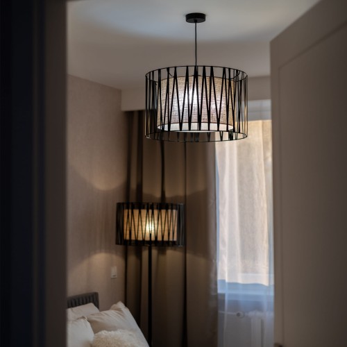 Kinkiet nowoczesny skandynawski boho pręty metalowe abażur materiałowy czarny juta TK Lighting Harmony 5950 1x15W E27