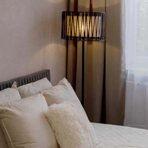 Lampa podłogowa nowoczesna skandynawska boho pręty metalowe abażur materiałowy czarna juta TK Lighting Harmony 5890 1x15W E27