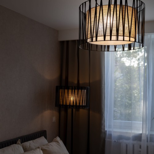 Lampa wisząca nowoczesna skandynawska boho pręty metalowe abażur materiałowy czarna juta TK Lighting Harmony 4562 1x15W E27