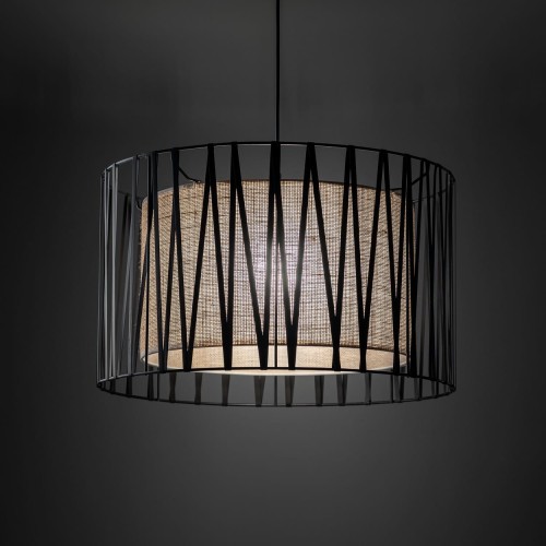 Lampa wisząca nowoczesna skandynawska boho pręty metalowe abażur materiałowy czarna juta TK Lighting Harmony 4557 3x15W E27