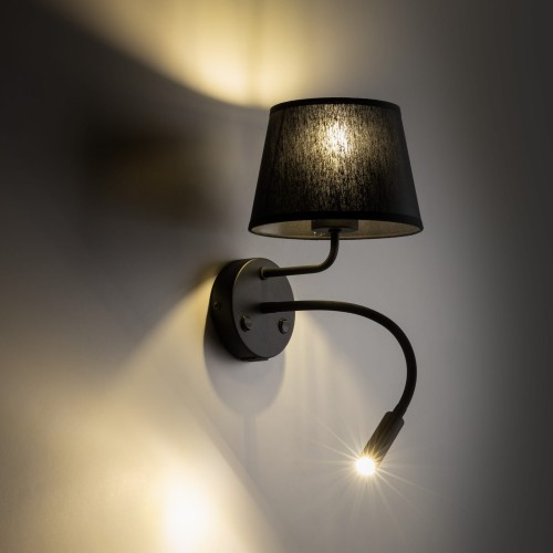 Kinkiet do czytania z włącznikiem nowoczesny elegancki loft giętki tuba rurka abażur materiałowy czarny TK Lighting Maja 10203 1x15W E27 1x8W G9