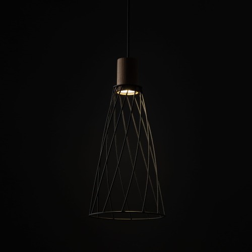 Lampa wisząca nowoczesna industrialna loft ażurowa klosz metalowy pręty stożek czarna drewno TK Lighting Modesto 10157 1x10W GU10