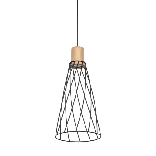 Lampa wisząca nowoczesna industrialna loft ażurowa klosz metalowy pręty stożek czarna drewno TK Lighting Modesto 10157 1x10W GU10