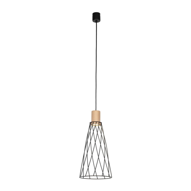 Lampa wisząca nowoczesna industrialna loft ażurowa klosz metalowy pręty stożek czarna drewno TK Lighting Modesto 10157 1x10W GU10