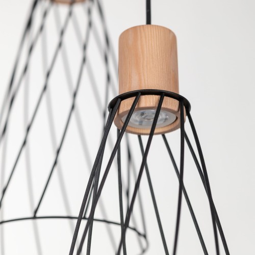 Lampa wisząca nowoczesna industrialna loft ażurowa klosz metalowy pręty stożek czarna drewno TK Lighting Modesto 10188 3x10W GU10