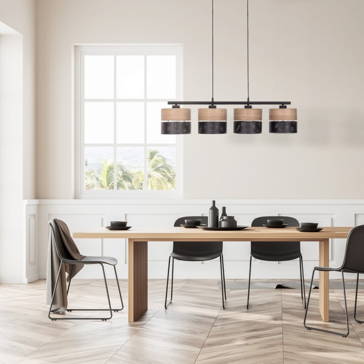 Lampa wisząca listwa belka nowoczesna boho skandynawska ażurowa klosz metalowy czarna dąb TK Lighting Nicol 4802 4x15W E27