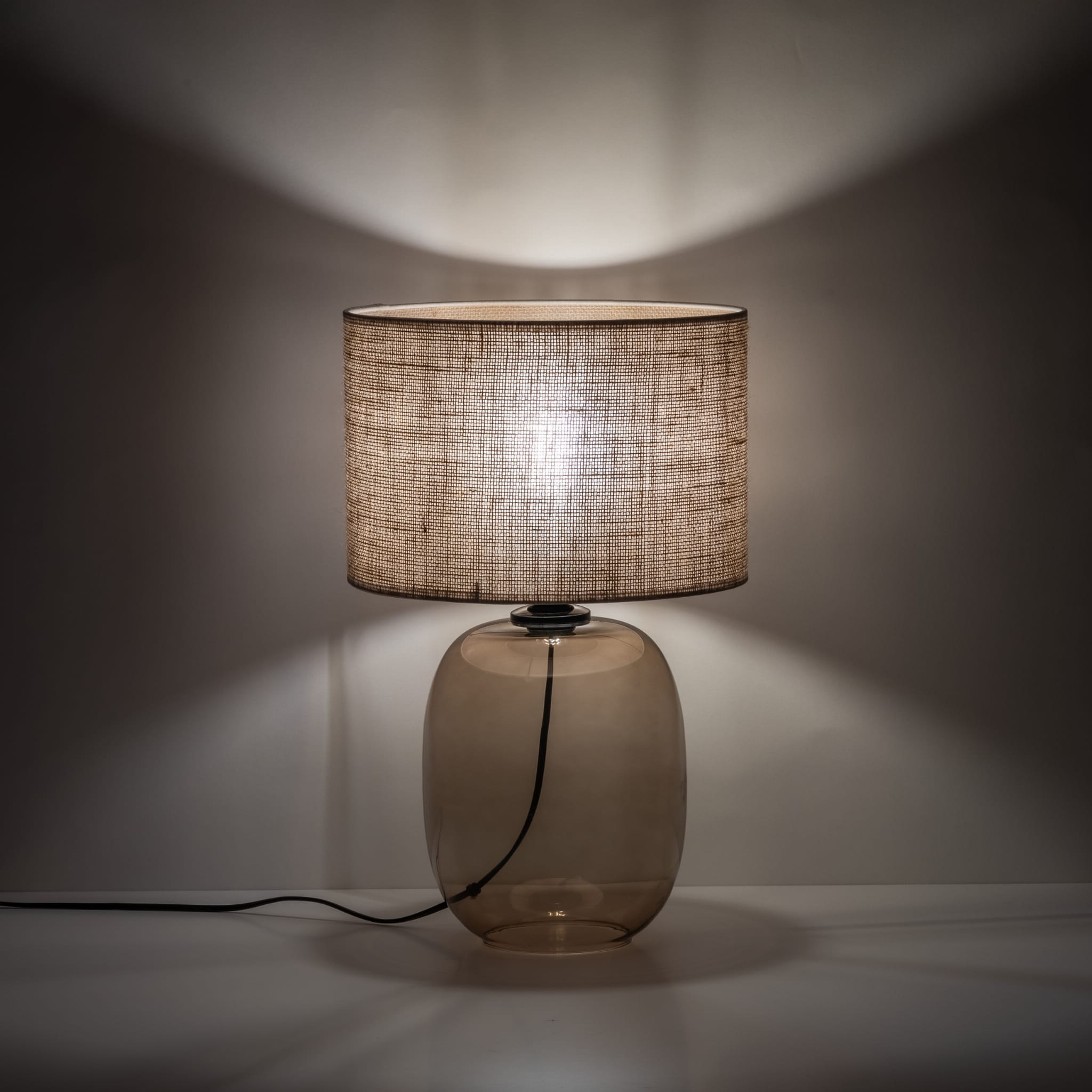 Lampka nowoczesna skandynawska klasyczna elegancka abażur materiałowy bursztynowa juta TK Lighting Melody 5986 1x15W E27