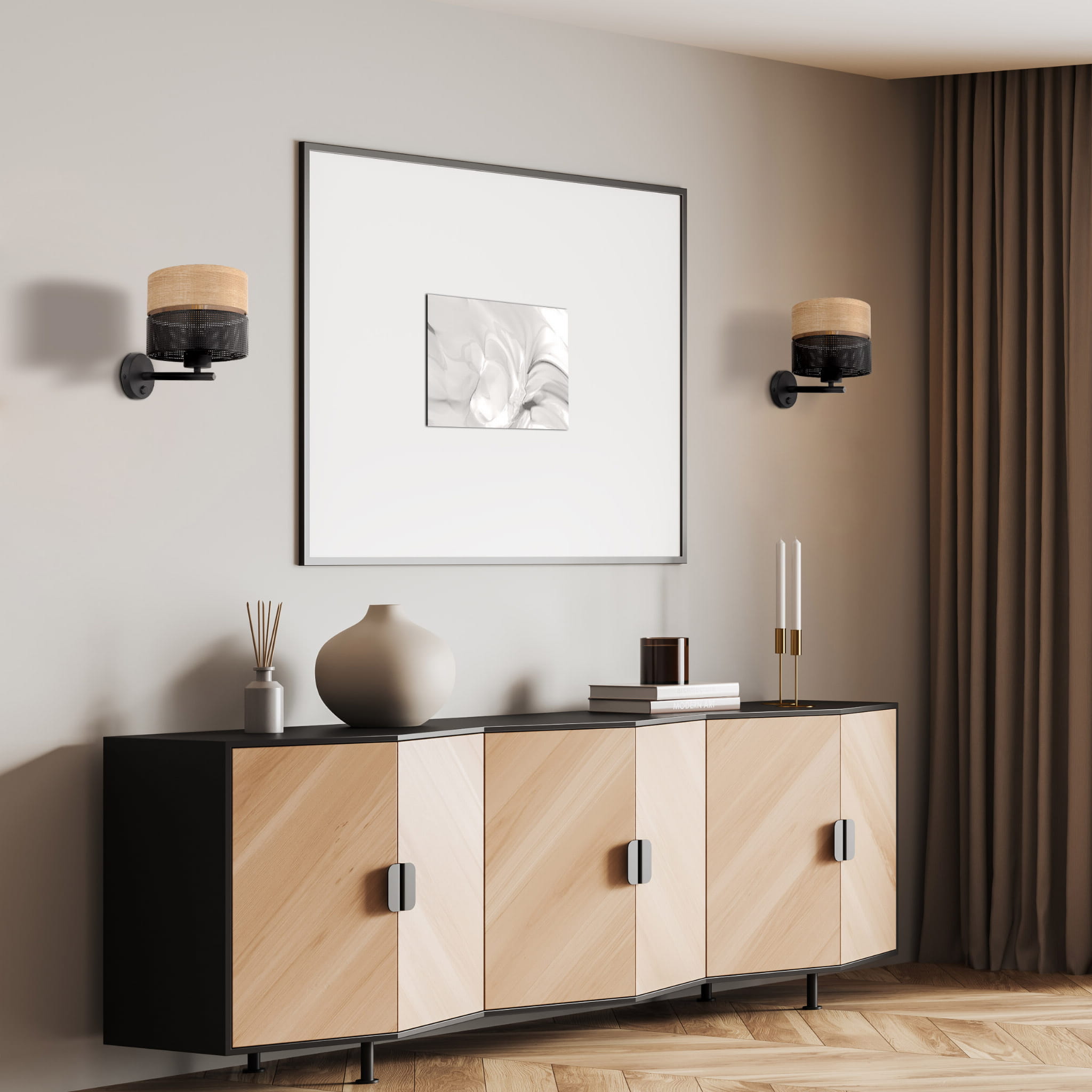 Kinkiet nowoczesny boho skandynawski ażurowy klosz metalowy czarny dąb TK Lighting Nicol 6539 1x15W E27