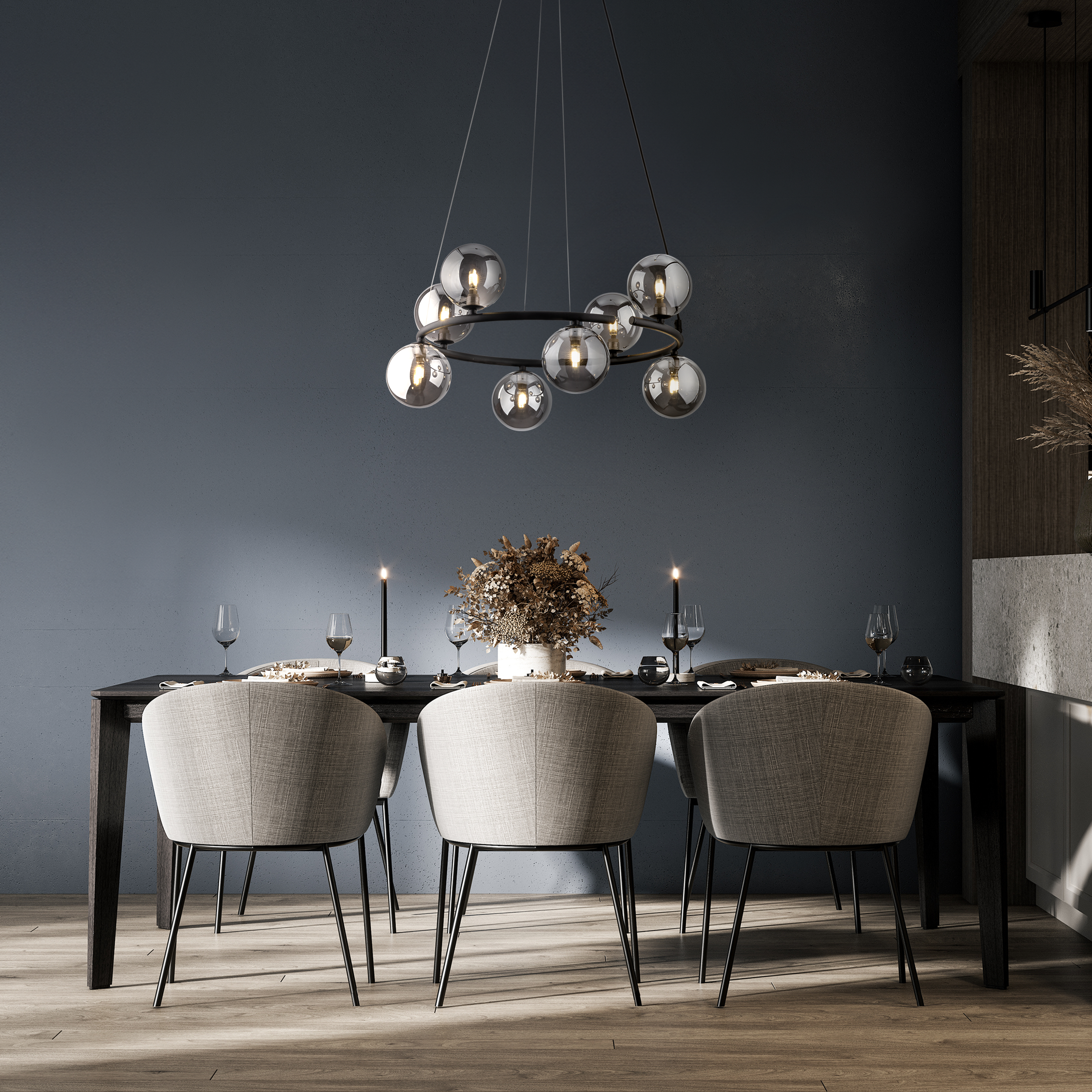 Lampa wisząca nowoczesna loft industrialna koło pierścień obręcz klosz szklany kule czarna grafitowa TK Lighting Anabelle 6844 8x6W G9