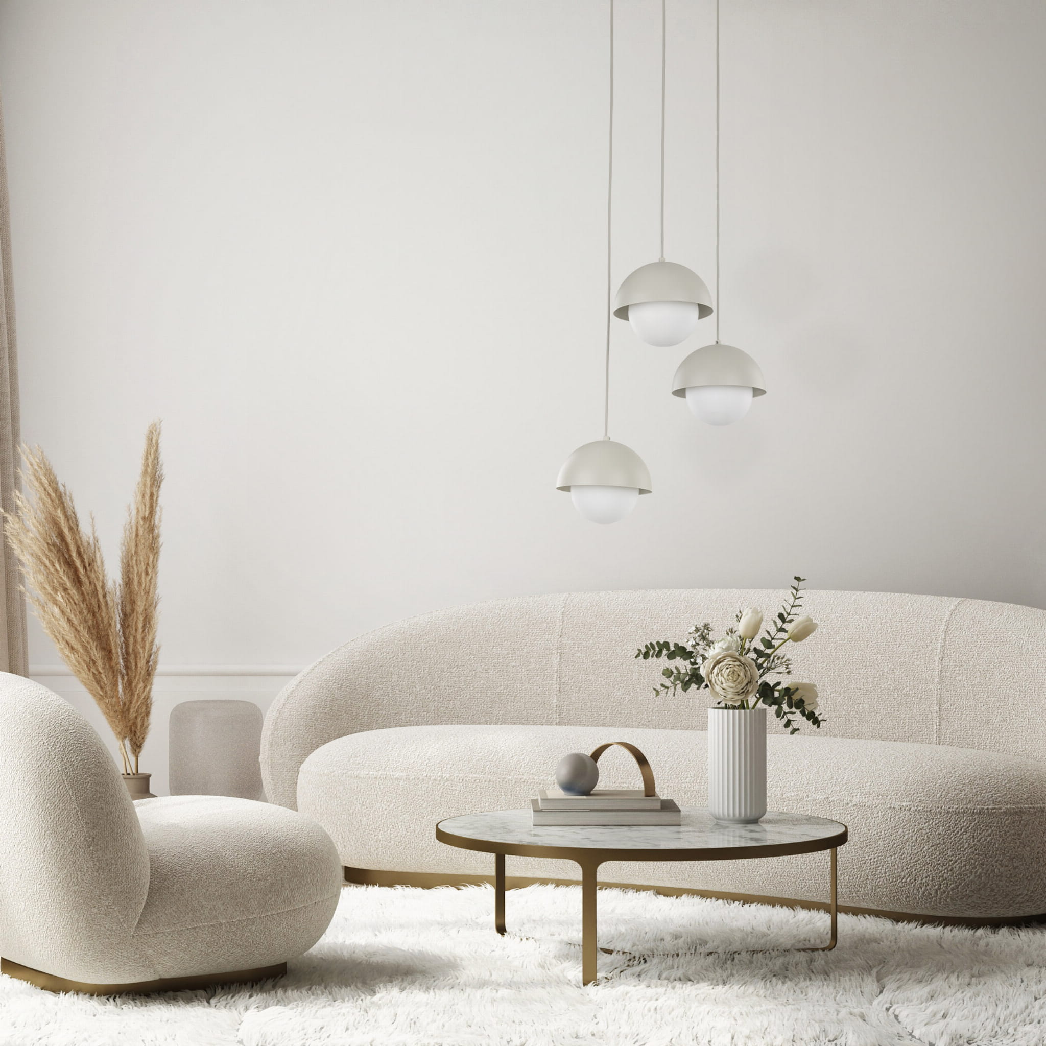 Lampa wisząca do salonu białe szklane kule nowoczesna skandynawska klosz metalowy miska beżowa TK Lighting Bono 10206 3x8W G9