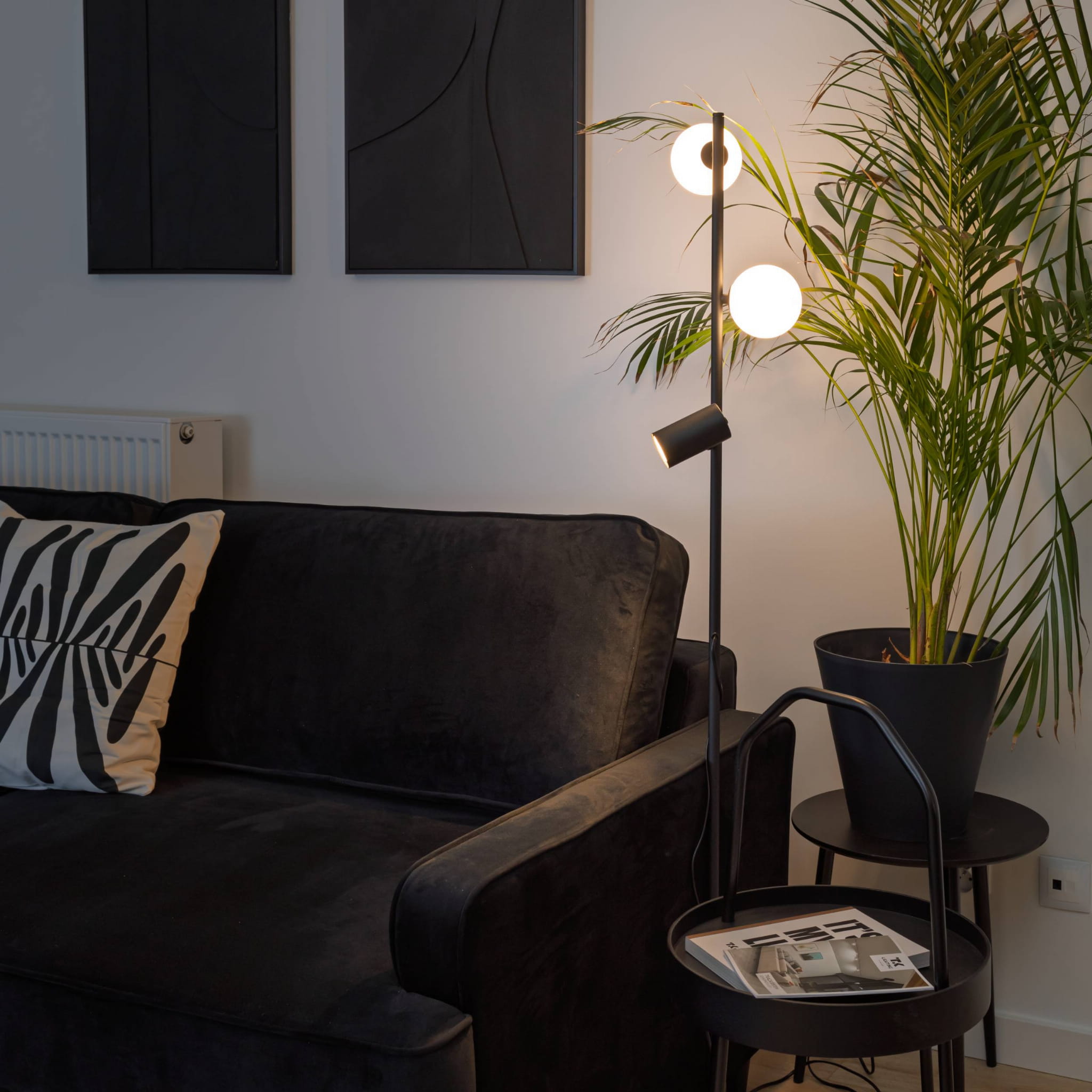 Lampa podłogowa nowoczesna skandynawska loft słupek rurka reflektor klosz szklany kule czarna biała TK Lighting Vox 16063 2x10W GU10 1x8W G9