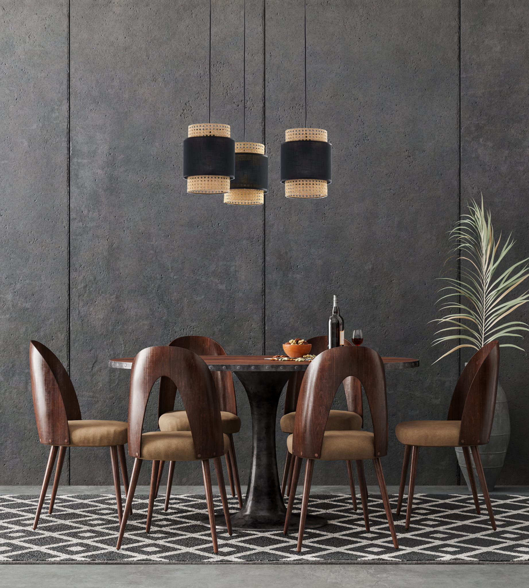 Tk Lighting Boho 6549 lampa wisząca pająk z abażurami rattanowymi 3x15W E27 czarna słomkowa