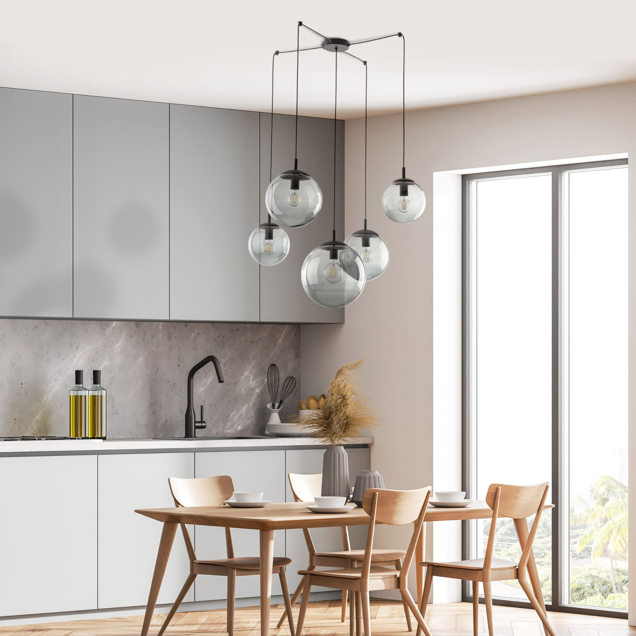 Lampa wisząca nowoczesna elegancka loft industrialna pająk klosz szklany kule grafitowa czarna TK Lighting Esme 5382 5x15W E27
