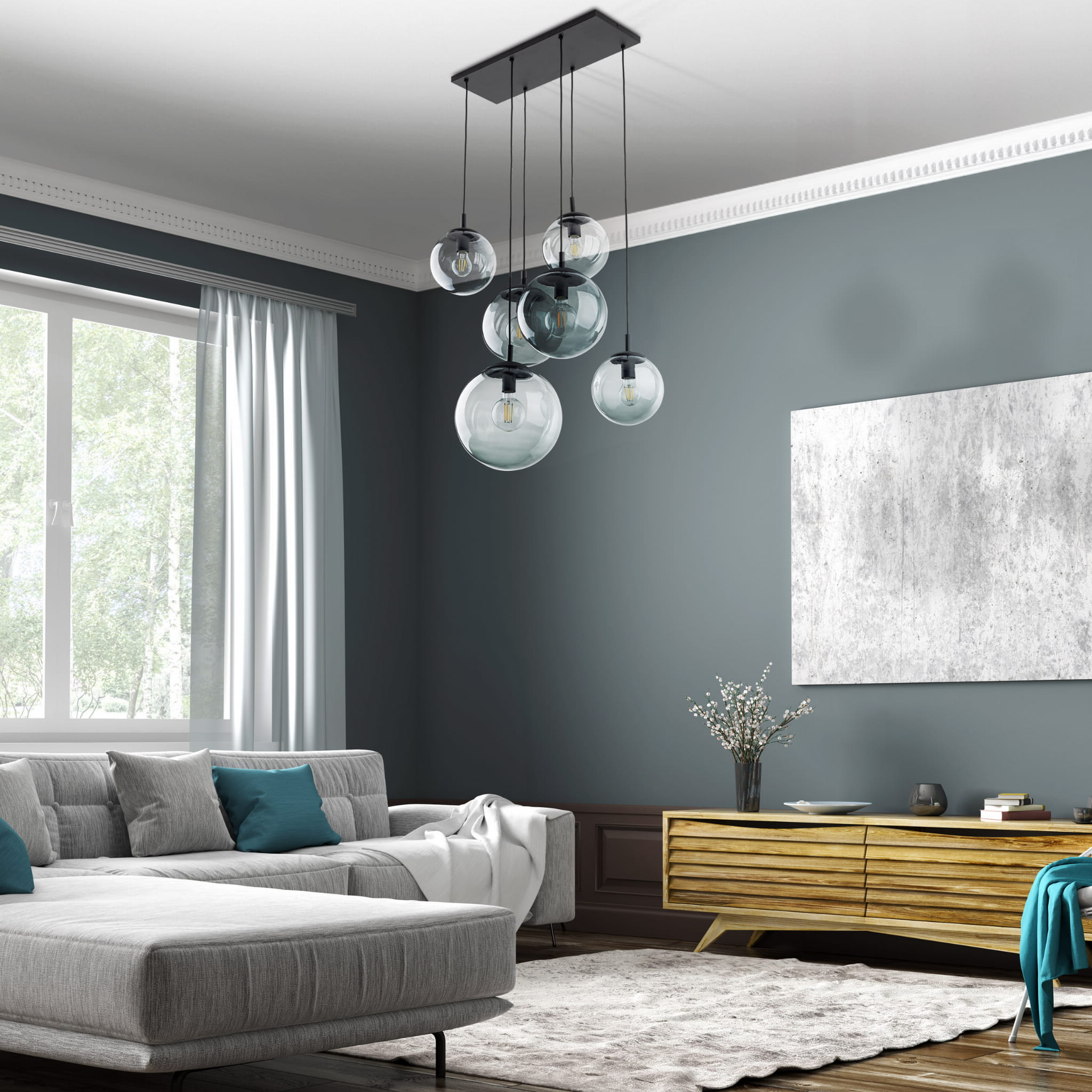 Lampa wisząca nowoczesna elegancka loft industrialna klosz szklany kule grafitowa czarna TK Lighting Esme 5384 6x15W E27