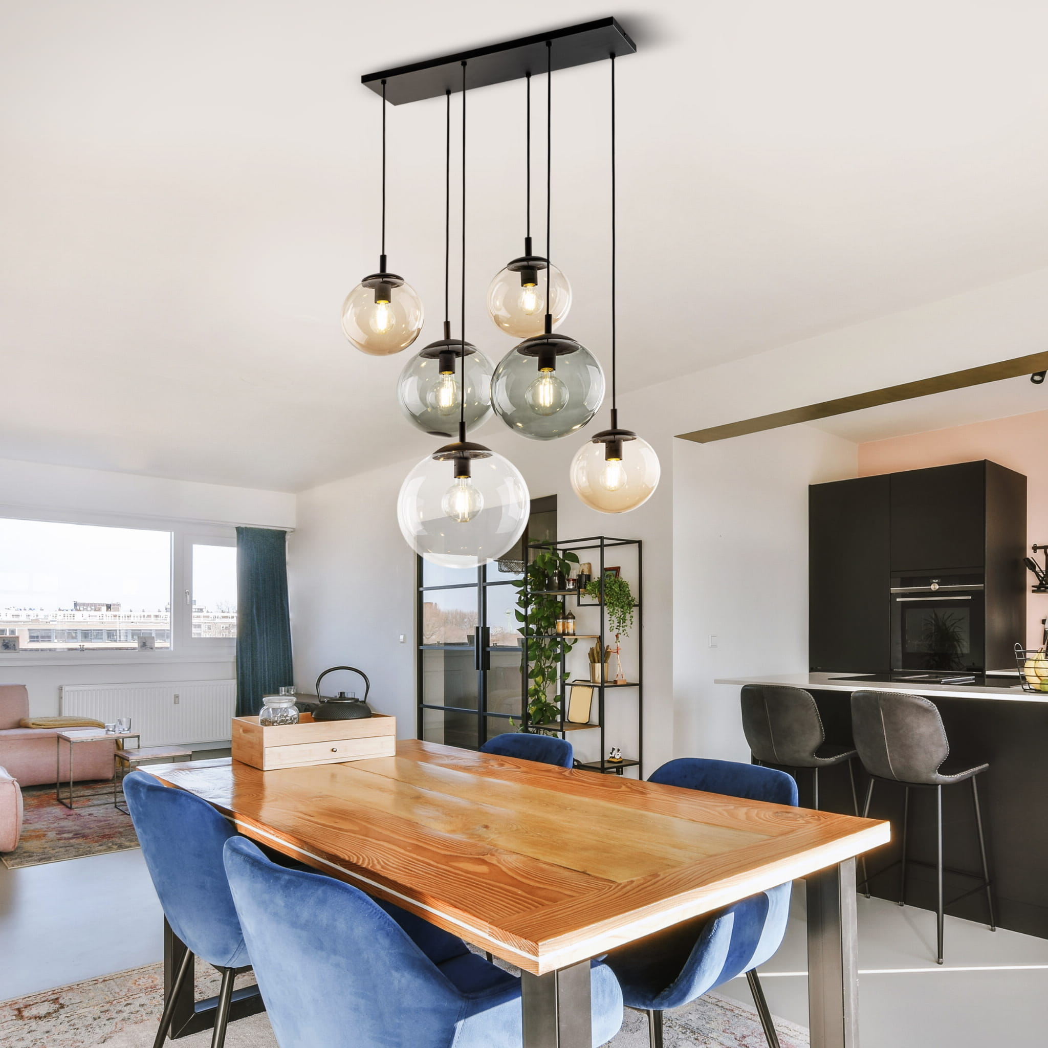 Lampa wisząca nowoczesna elegancka loft industrialna klosz szklany kule multikolor czarna TK Lighting Esme 4819 6x15W E27