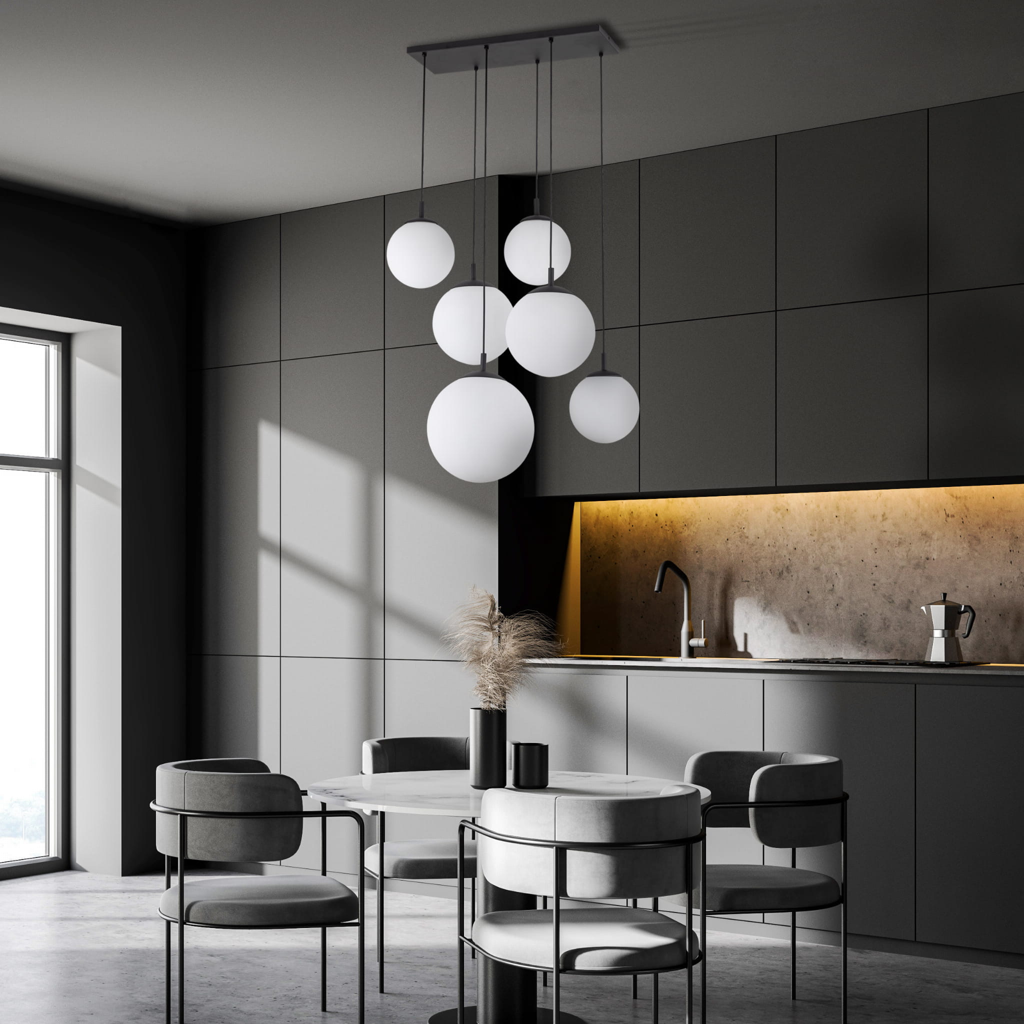 Lampa wisząca nowoczesna elegancka loft industrialna klosz szklany kule biała czarna TK Lighting Esme 4793 6x15W E27