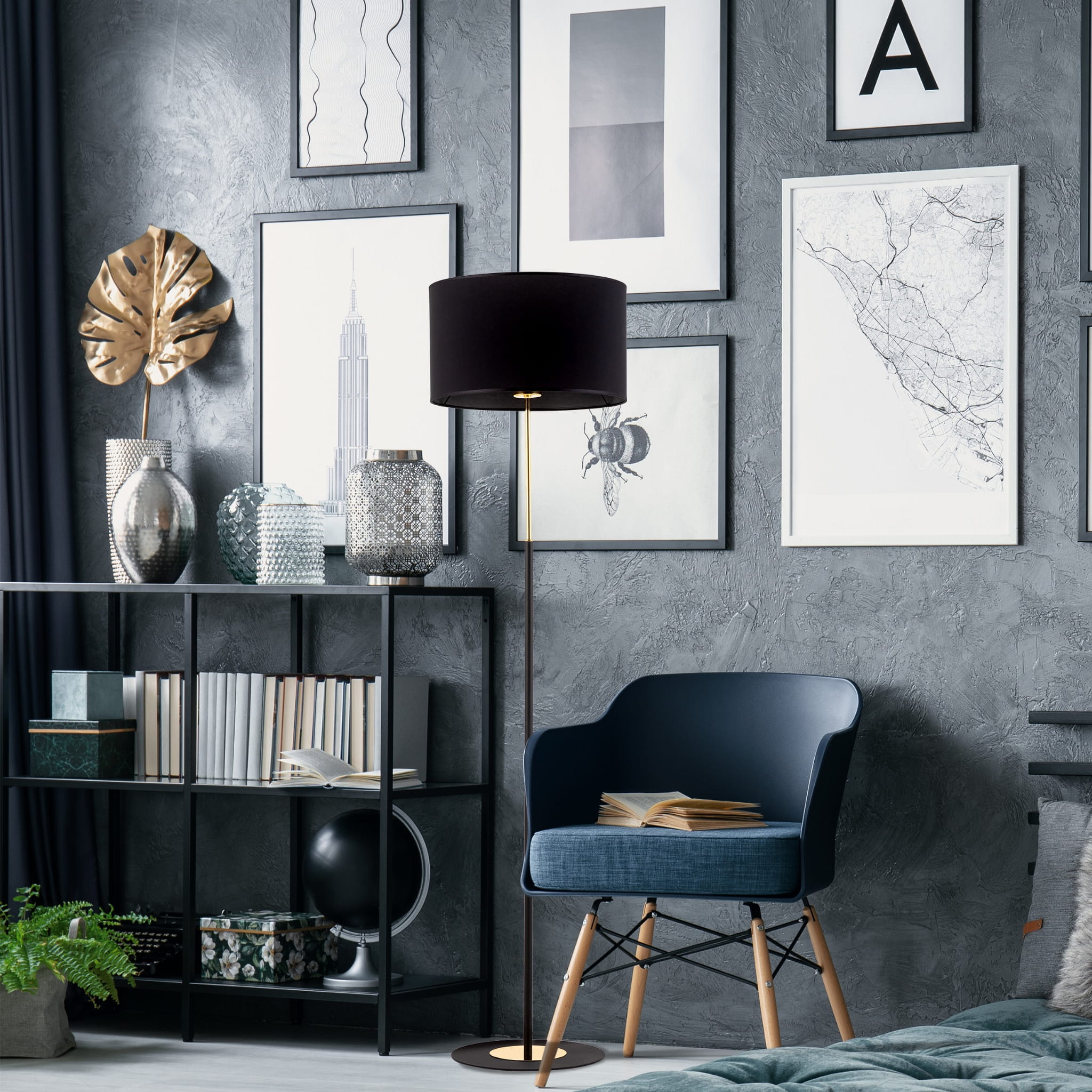 Lampa podłogowa nowoczesna elegancka glamour abażur materiałowy czarna złota TK Lighting Lord 5153 1x15W E27