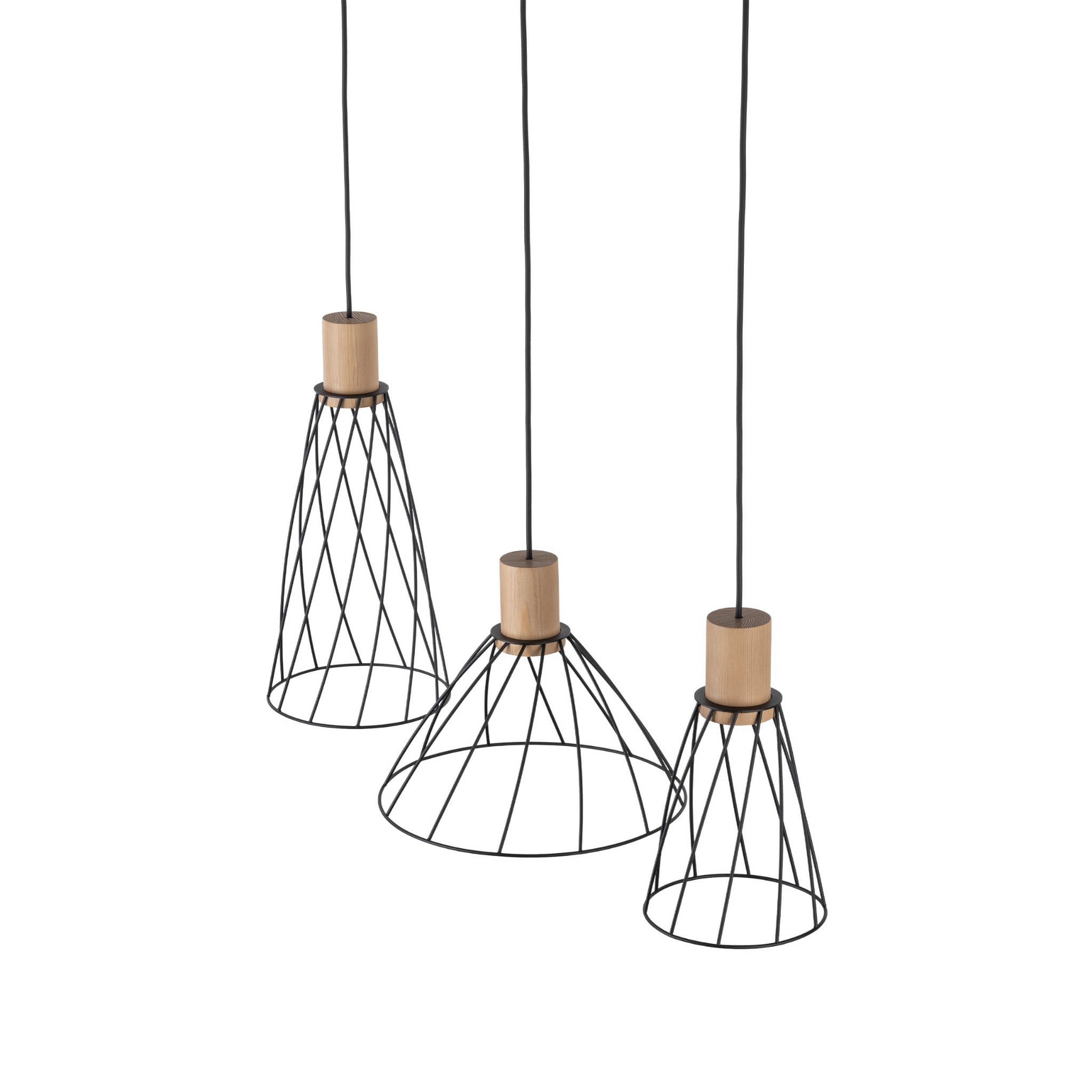 Lampa wisząca nowoczesna industrialna loft ażurowa klosz metalowy pręty stożek czarna drewno TK Lighting Modesto 10158 3x10W GU10